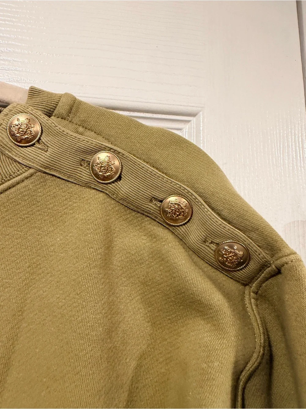 NWOT J.Crew Size XXS Green Gold Button Shoulder Sweatshirt Crewneck Pullover Top